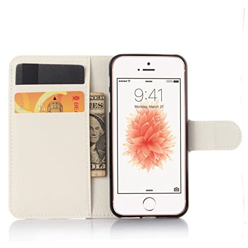 iPhone 5 Case,Aprilday Flip PU Leather 2-in-1 Protective Wallet Cases Slim Folio Book Cover with Credit Card Slots, Cash Clip, Stand Holder, Magnetic Closure for Cover Apple iPhone 5/5S/SE (White)
