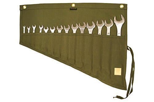 Asian Treasures/Bull Tools 14 Pocket | Hand Crafted | H.W.100% Dyed Cotton | 15 Oz. Duck Canvas | Garage Ready | Metric or SAE | Wrench and Tools Bag Organizer Roll Up Pouch | Dyed Olive Drab |
