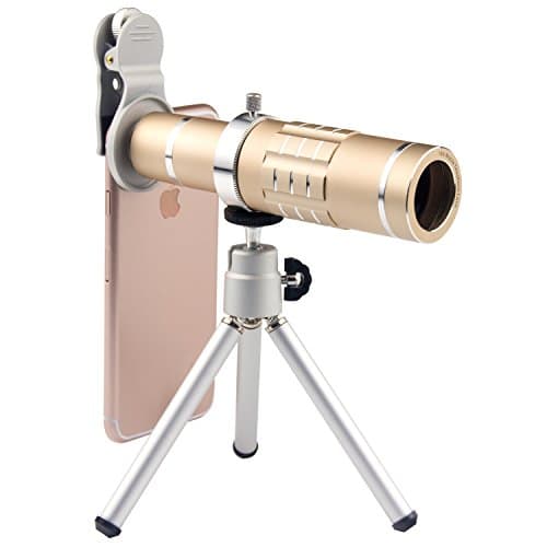 Mobile Phone Lens Clip-on Cell Phone Camera 18X Optical Telephoto Lens Kit with Tripod and Clip for iPhone Samsung Most Smartphone (Gold)