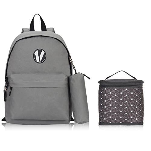 Veegul Cute School Backpack Small Printed Backpack 3 Pc Set Lunch Bag Pencil Case for Kids Gray