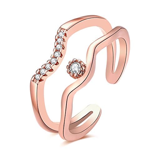 Ekavtor Double Lines Zircon Copper Opening Adjustable Ring (Rose Gold)