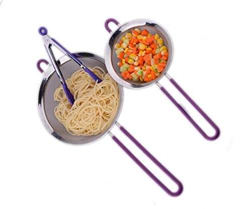 Fine Mesh Stainless Steel Strainer Set with Silicone Handles for Kitchen Food- Ideal to Strain Pasta Noodles, Quinoa, Sift &amp; Sieve Flour &amp; Powdered Sugar (Purple)