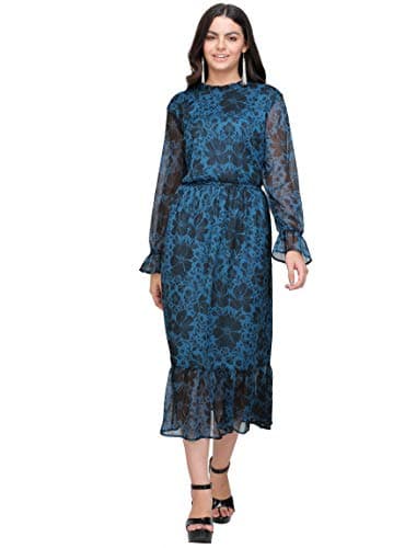 Black Floral Printed Teal Blue Crepe Chiffon Maxi Long Drape Dress
