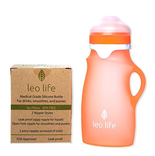 Leo Life 9oz Silicone Sippy Bottle Drinks, Smoothies &amp; Purees- Medical Grade Silicone 4 Spouts (9oz, Orange)