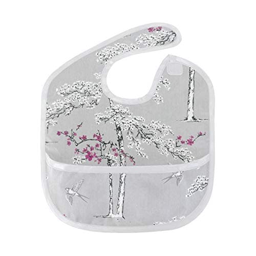 MALPLENA Essentials Lap Shoulder Bibs Colours Blossoming Grey & Purple Foliage Bird Waterproof Fabric for Baby Girls or Boys