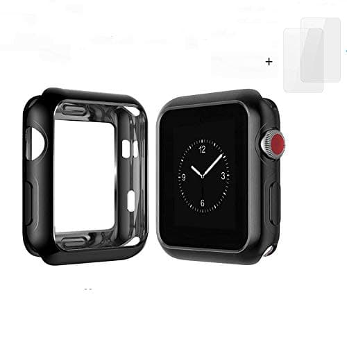 Koitoy Apple Watch Protection Set TPU Electroplated Frame Bumper Cover Case for iWatch Series 3 2 1 38mm Includes 2 pcs Tempered Glass Screen Protector for free(Metal Black)