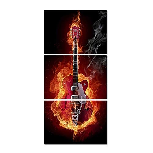 Fire Guitar Abstract Canvas Prints Art Home Decor for Living Room Wall Art Modern Music Black and White Red Pictures 3 Panel Large Posters HD Printed Painting Framed Ready to Hang