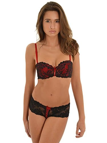Juniors Balconette Push Up Bra Red with Black Lace Sheer Boy Shorts 2 Piece Set Bra/Pantie: 36C XL Pantie