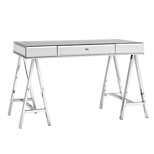 Modern 1 Drawer Mirrored Writing Computer Desk with Chrome Sawhorse Legs - Includes Modhaus Living Pen