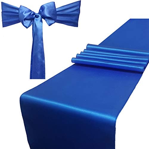 Combo Pack - 2 Satin Table Runners 12 x 108 inch & 10 Chair Sashes for Wedding Banquet Decoration, Bright Silk and Smooth Fabric Party Decor (Combo 2 Table Runner + 10 Chair Saches, Blue)