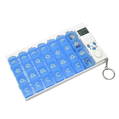 Vakiko Portable Pills Box with Digital Screen Alarm Clock Reminder Timer for Travel Working Outdoor 28 lattices,Blue