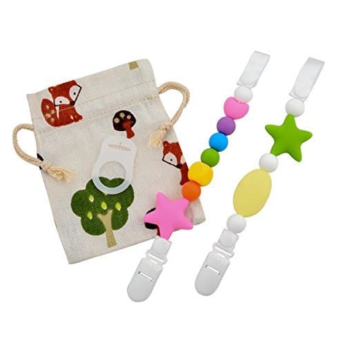 Kuen BPA Free 2 in 1 Baby Teether Pacifier Clip, Unisex Colorful Chew Beads Pacifier Clip Silicone Pacifier Holder Leash for Baby Childs Kids Soothie (2 Pack)