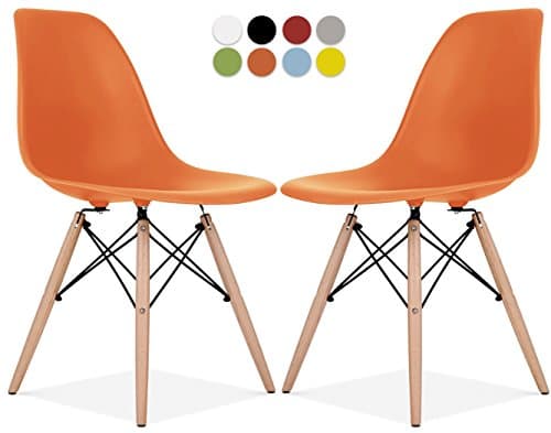 Eames Style Chair by La Valley - Set Of 2 - Mid Century Modern Eames Molded Shell Chair with Dowel Wood Eiffel Legs - for Dining Room, Reception Room, Lounge - Easy-Assemble &amp; Clean - Orange