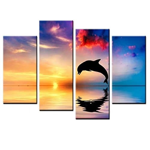 SimonfineUs Canvas Prints Art Animal Map Jumping Dolphins Sunset Seascape Wall Art Canvas Painting Print For Home Decoration 4 Panels