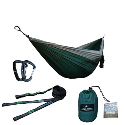 Double Parachute Camping Hammock with Tree Straps | Lightweight Carabiners and Straps Included | For Backpacking, Camping, Hiking, Travel, Beach, Yard, 125" x 79"