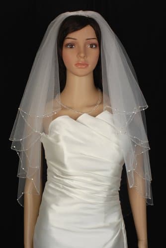Bridal Veil Diamond (Off)White 2 Tier Elbow Length Edge With Bead and Rhinestone