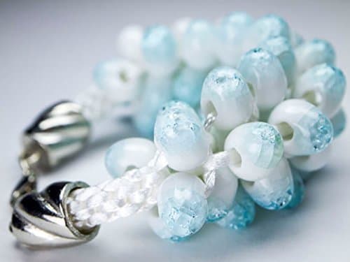 Gift for Her, Blue and white cracked glass beaded cluster bracelet on braided white cord
