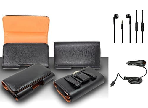 Pouch Case For HTC One M8 - Premium Classic Black Pebble Texture Leather Design Horizontal Leather Belt Case Clip Holster Pouch Cover Case (Fit for Single Phone With Thin Case or Back Cover Together) + Car Charger + 3.5MM Stereo Earphones