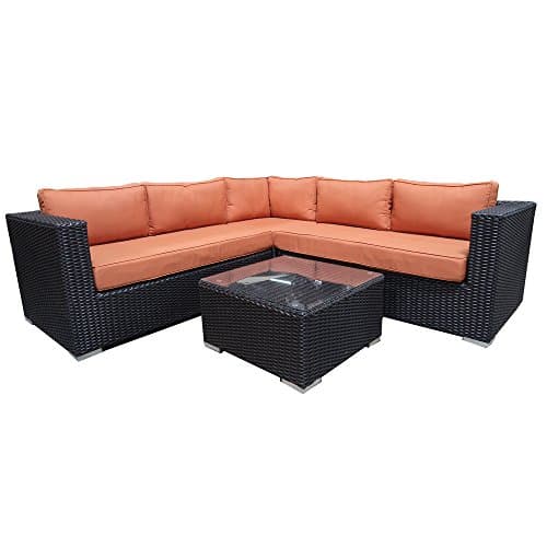 Sunluck Outdoor Patio Sofa Wicker L Shaped Couch with Table and Cushions