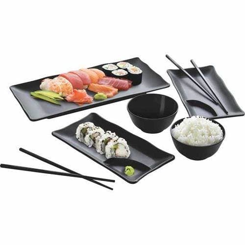 7 piece Asian Sushi Serving Set With Serving Tray Sushi Plates Rice/Soup Bowl Chop Sticks