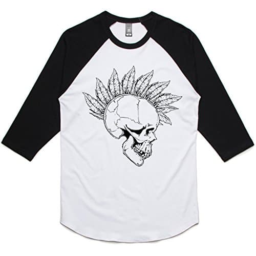 theIndie Feather Mohawk Skull (Black) 3/4-Sleeve Raglan Baseball T-Shirt, White / Black, S