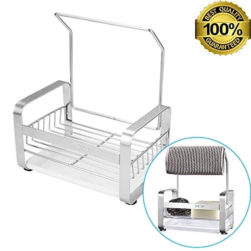 Sponge Holder Sink Caddy with Rag Holder, Stainless Steel Kitchen Sink Organizer with Removable Drip Tray, Wall Mounted Or Countertop, for Soap Scrubber Brush Cleaning Supplies, Silver,17×11×21cm