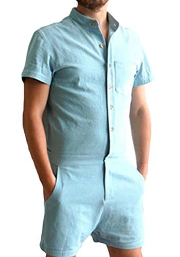 MU2M Men Short Sleeve Cargo Pants Solid Color Slim Fit Short Jumpsuit Romper