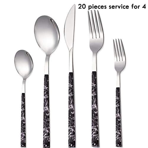 20-Piece Cutlery Set Stainless Steel Flatware Set with Imitation Marbling Handle Including Knife/Fork/Spoon Service for 4(Black)