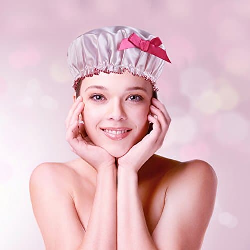 Waterproof Shower Cap, Mold Resistant Terry Lined Bath Hair Caps with Elastic Band for Women and Girls, Soft and Cute Best Pink Showercap for Princess by mikimini