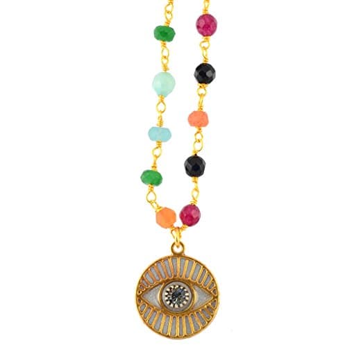 Michal Golan Multicolor Round Evil Eye Pendant Necklace with Double Chain