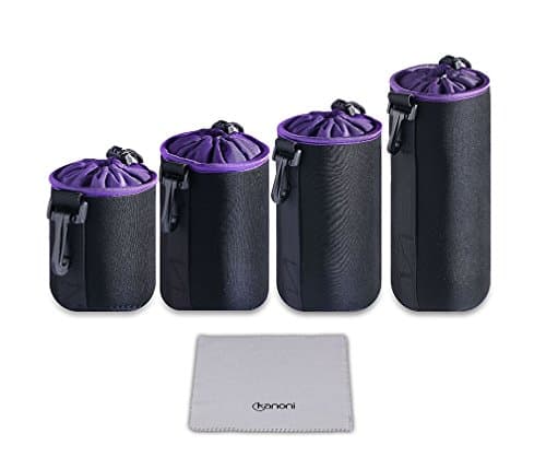 Camera Lens Pouches Bags (4 Pack) -Kanoni 5mm Thick Protective Neoprene Lens Pouch Case Set of Soft Plush Lining With a Hook for DSLR Camera Lens(Canon, Nikon, Pentax, Sony, etc. Black)