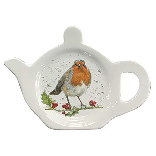 Bree Merryn Christmas Robin Pattern Teapot Shape Tea Bag Tidy Holder Kitchen Hygiene Melamine 13x10x2cm