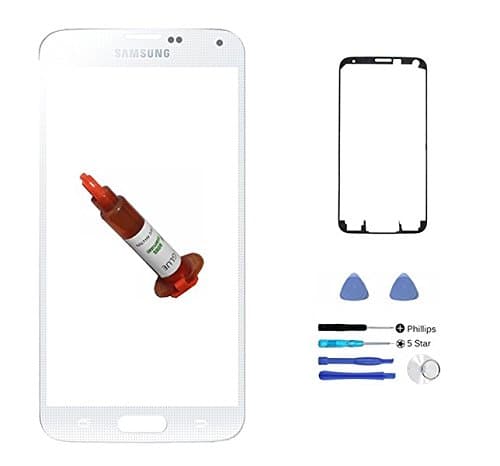 (ERGP) White Front Outer Lens Glass Screen Replacement For Samsung Galaxy S5 SV i9600 G900 G900A G900P G900R4 G900T G900V + Adhesive + Tools + 5ml UV LOCA Liquid Glue