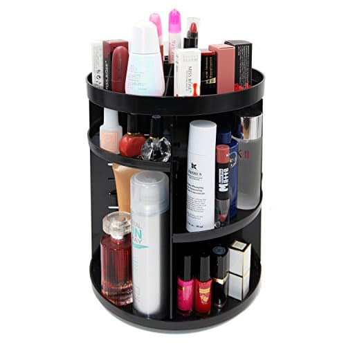 360 Degree Rotating Large Makeup Organizer Adjustable Round Desktop Cosmetics Storage Box Girls - Black
