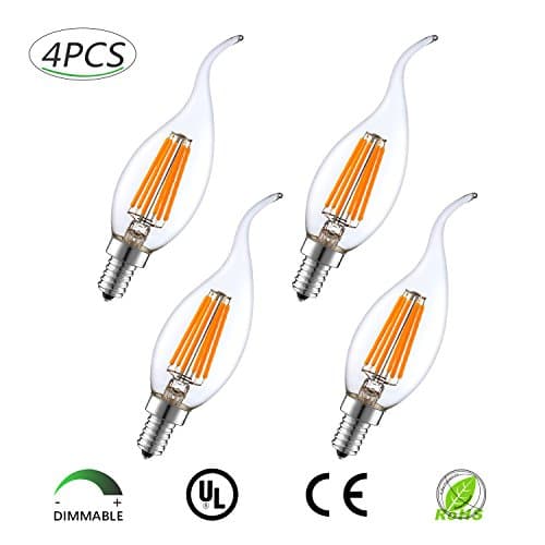Dimmable E12 6W AC110V LED Filament Candelabra Light Bulb Chandelier LED Candle Bulbs LED Light Equivalent to 60W Halogen Bulb,2700K,360°Beam Angle,Energy Saving Bulb, Upgrade New,Pack of 4