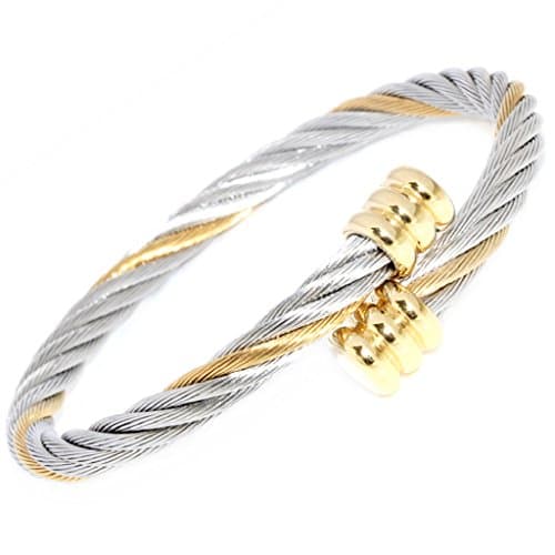 Polished Gold Veins Cap Twisted Cable Wire 2-Tone Gold Silver Stainless Steel Bangle Bracelet 010