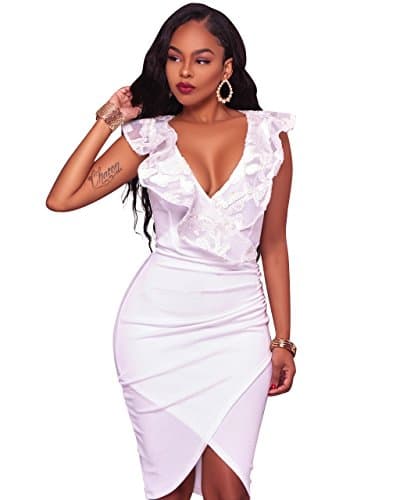 VERTTEE V Neck Ruffle Plain Bodycon Sleeveless Midi Tight Wrap Women's Party Dress Woman Dress
