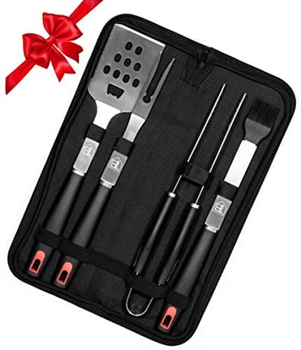 BBQ Grill Tools Set: 4 Piece Stainless Steel Grilling Utensils Kit of Fork, Spatula, Tongs & Basting Brush, Heavy Duty Barbecue Tools, Tailgating, Camping, Backyard Grilling Accessories, Perfect Gift
