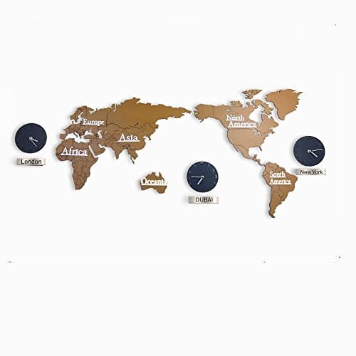 Sticker Indoor Modern Creative Large 3D DIY Home World Map Silent Non-ticking Wall Clock, 3 Cities World Time Hanging Clock (Brown)