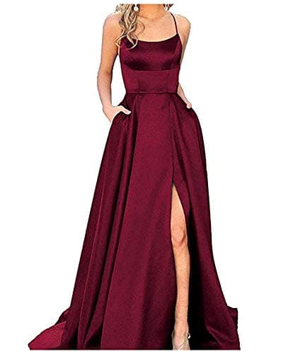 Split Formal Evening Gowns Spaghetti Straps Satin Prom Dresses Long with Pockets Womens