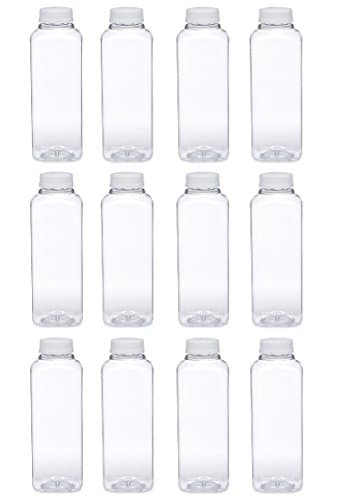 16oz Clear Square PET Plastic Bottles with Tamper Evident Caps, Set of 12 Bottles and 12 caps (white)