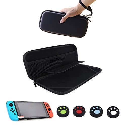 HuonGoo Carrying Case for Nintendo Switch, Protective Storage case + high-definition Glass Screen Protector for Switch 2017 +4 Pieces Anti-slip Thumb Stick Caps Gel Guards for Joy-con Controller.