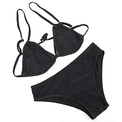 Gopen Push Up Triangle Bikini Top Padded Swimsuit Bottom Thong For Women Brazilian Bikini Set Sexy Halter (S, Leather-Black)