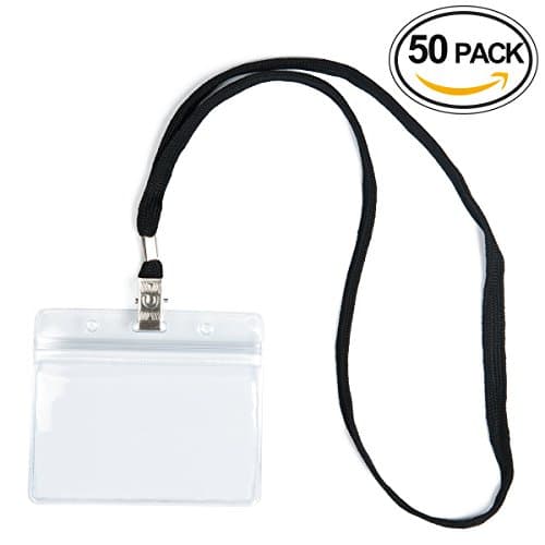 XGpie 3.7X2.5 Inch Waterproof Type Top Quality Clear Plastic ID Holder and 50 Pcs Black Lanyard, Horizontal Name Tag Badge for School Office