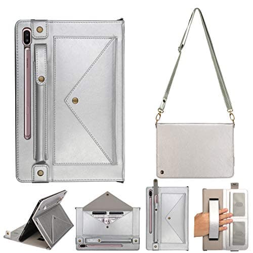 Tablet Case for Tab S6 T860, PU Leather Wallet Protective Cover w/Card Slot Pocket/Pen Holder/Hand Strap/Buckle Closure Shoulder Bag Book Case for Samsung SM-T860/T865/T867 Galaxy Tab S6 10.5,Silver