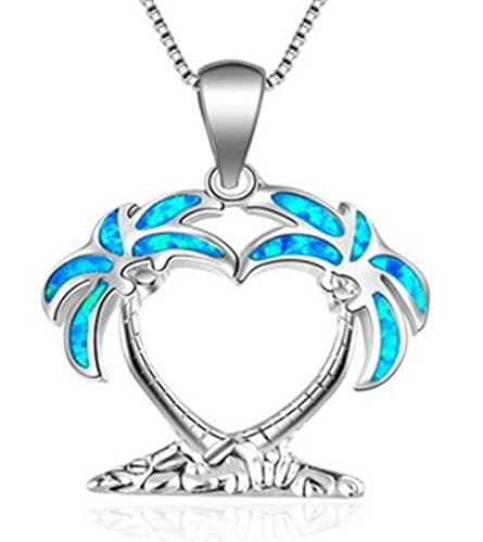 Fortonatori Created Blue Opal Necklace Palm Tree Twin 925 Silver Pendant Necklace 18" Chain