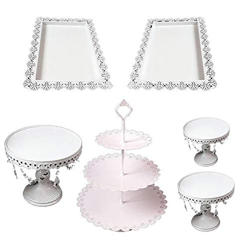 KLOOM Cake Holder set,[6 pcs] Metal Crystal Cupcake Stand Cake Dessert Holder with Pendants and Beads,Wedding Birthday Dessert Cupcake Pedestal Display,White