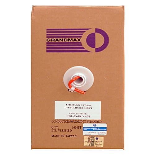 Grandmax CAT6 550MHz Solid PVC Bulk Cable, 1000ft, UTP Pull Box, CMR Rated, 100% Pure Copper, Multiple Colors Available, 4 Pair, 24 AWG/ 1000FT/ RED