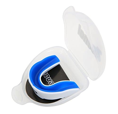 Zeenal Mouthguards w/ Vented Case and Fitting Instruction - Strapped and Strapless - Fit Football, Hockey, Soccer, LaCrosse - All Sports (White - Blue)