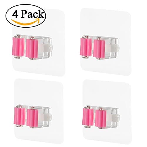 Mop and Broom Holder Seamless Hook 4-Pack Free Punching Wall Mounted High Strength Sticky Durable Kitchen Bathroom Self Adhesive Rack Magic Cup (Pink)